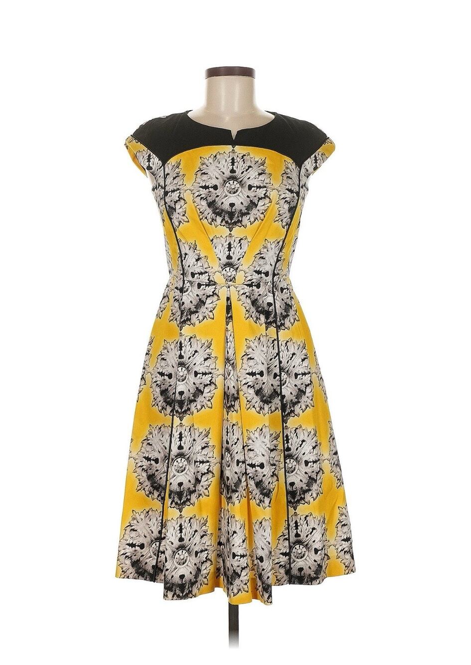 Mantu Yellow Black Print Classic Cotton Blend Dress 40 US 8